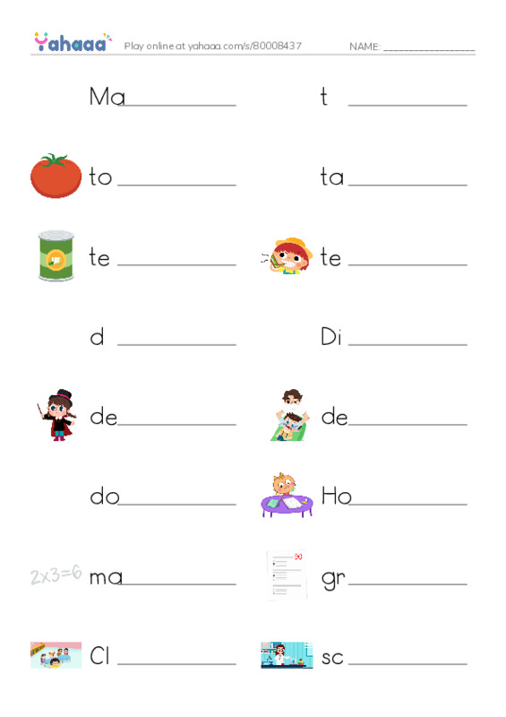 Write the word rows worksheet for Math and Science, t, tomato and 14 more