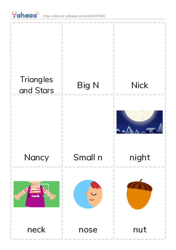 Picture flashcards worksheet for Triangles and Stars, Big N, Nick and 20 more