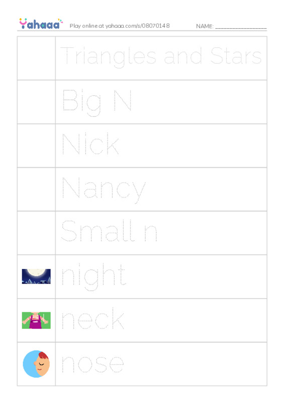 Picture and word rows worksheet for Triangles and Stars, Big N, Nick and 20 more