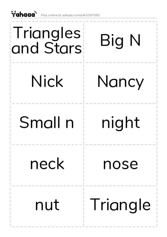 Word flashcards worksheet for Triangles and Stars, Big N, Nick and 20 more