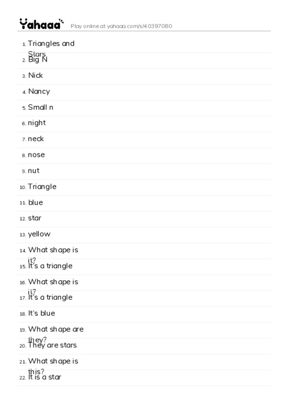Word list with meanings worksheet for Triangles and Stars, Big N, Nick and 20 more