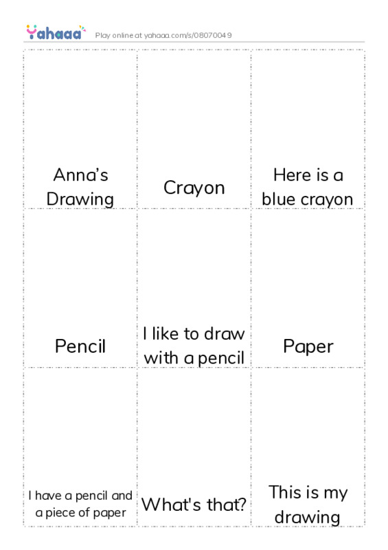 Picture flashcards worksheet for Anna’s drawing, crayon, pencil and 3 more