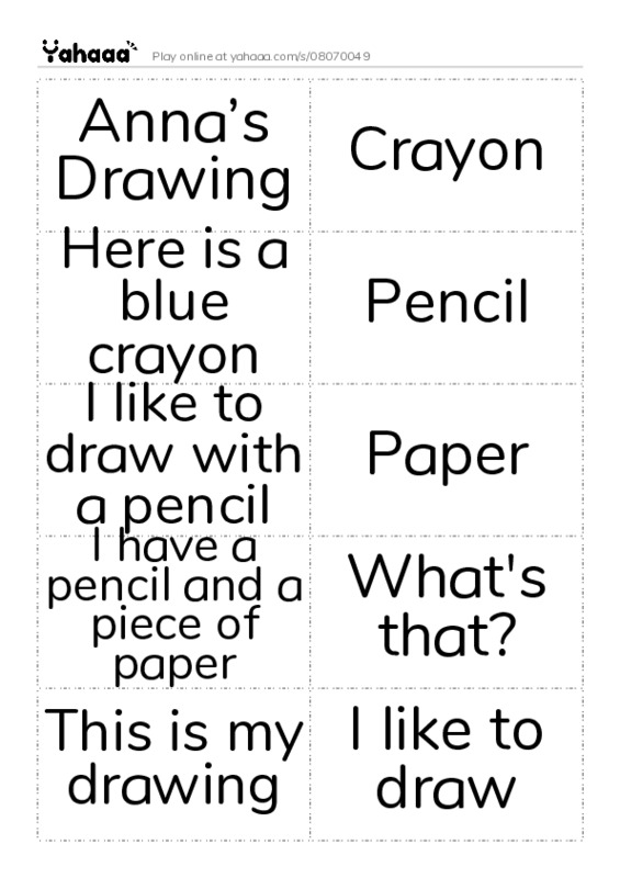 Word flashcards worksheet for Anna’s drawing, crayon, pencil and 3 more