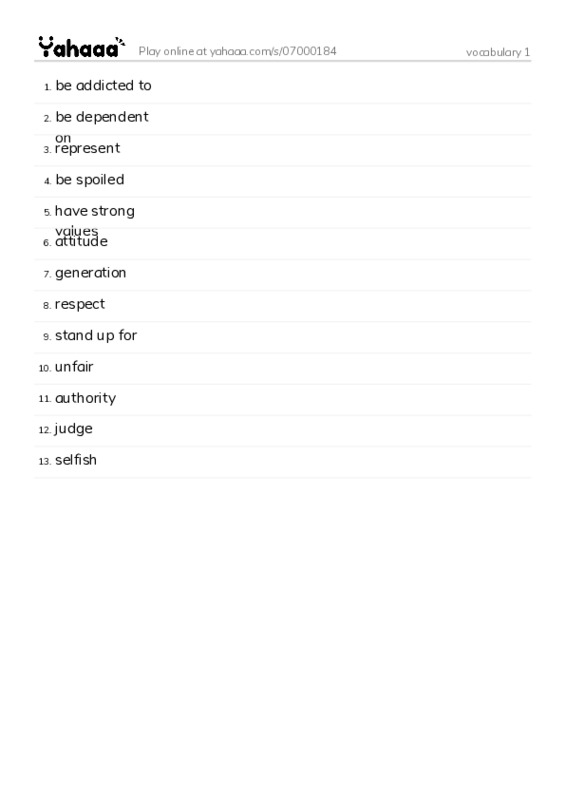 Word list with meanings worksheet for vocabulary 1