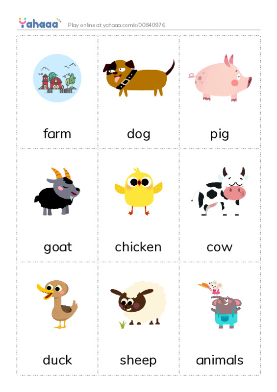 Picture flashcards worksheet for farm, dog, pig and 6 more