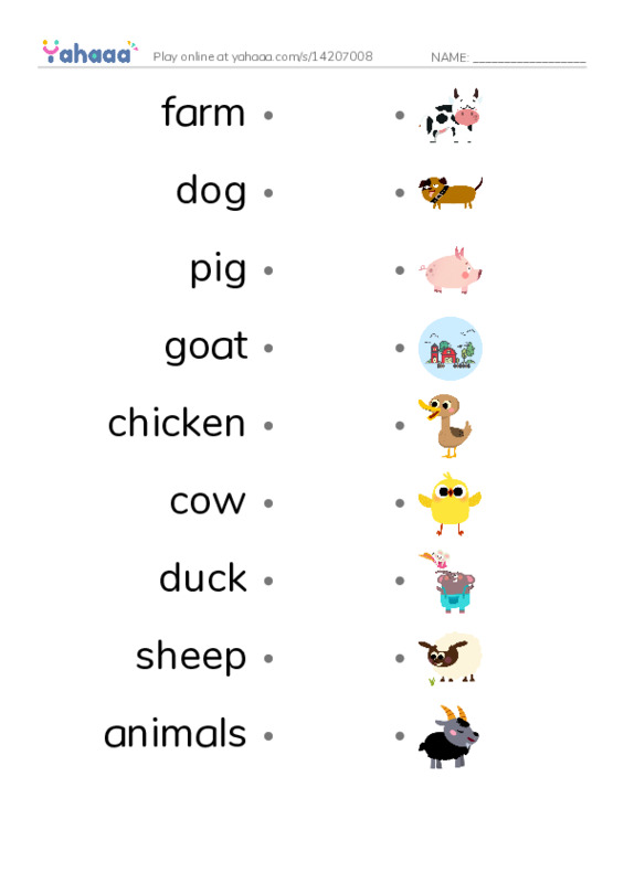 Draw a line to match worksheet for farm, dog, pig and 6 more