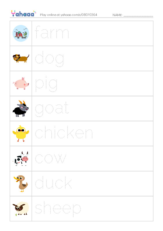 Picture and word rows worksheet for farm, dog, pig and 6 more