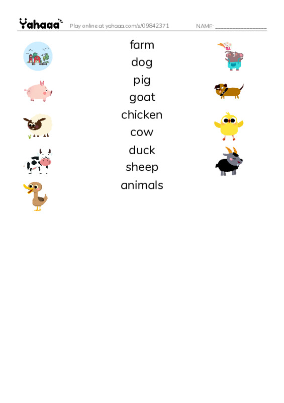 Match both sides worksheet for farm, dog, pig and 6 more