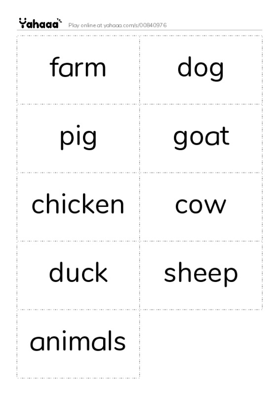 Word flashcards worksheet for farm, dog, pig and 6 more