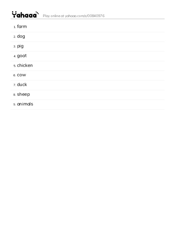 Word list with meanings worksheet for farm, dog, pig and 6 more