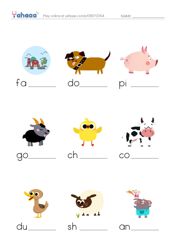 Finish the word worksheet for farm, dog, pig and 6 more