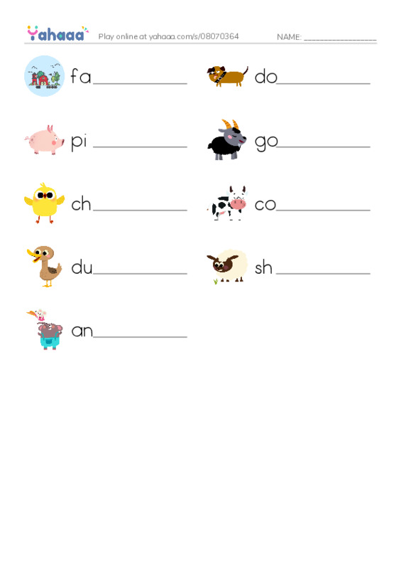 Write the word rows worksheet for farm, dog, pig and 6 more