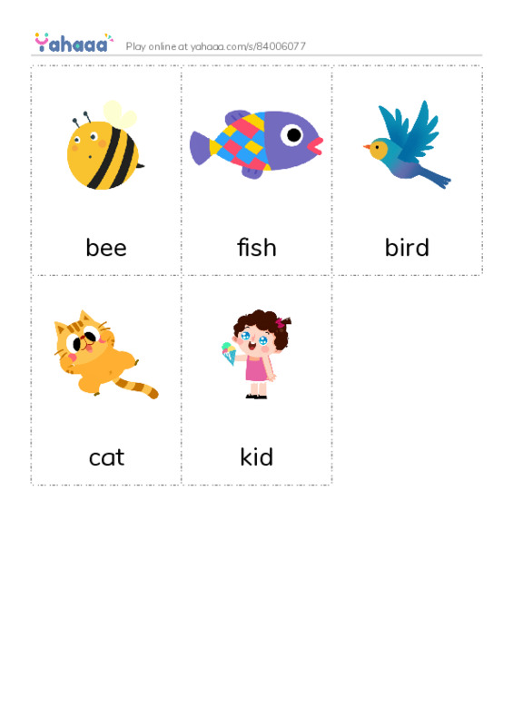 Picture flashcards worksheet for bee, fish, bird and 2 more