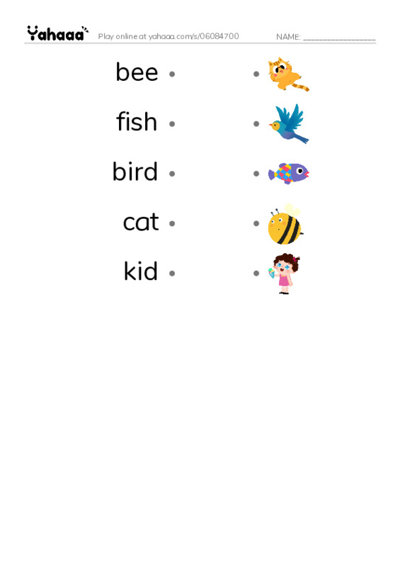 Draw a line to match worksheet for bee, fish, bird and 2 more