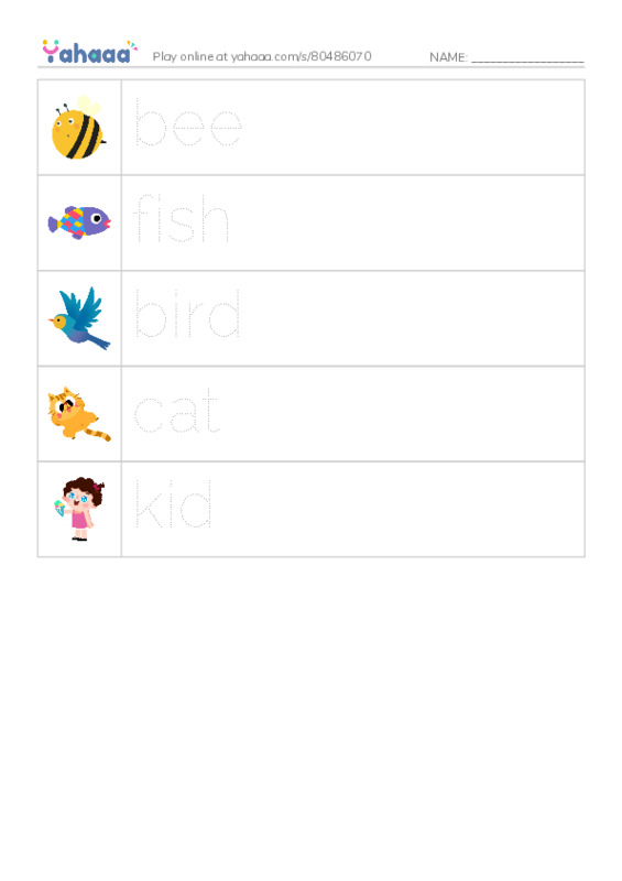 Picture and word rows worksheet for bee, fish, bird and 2 more