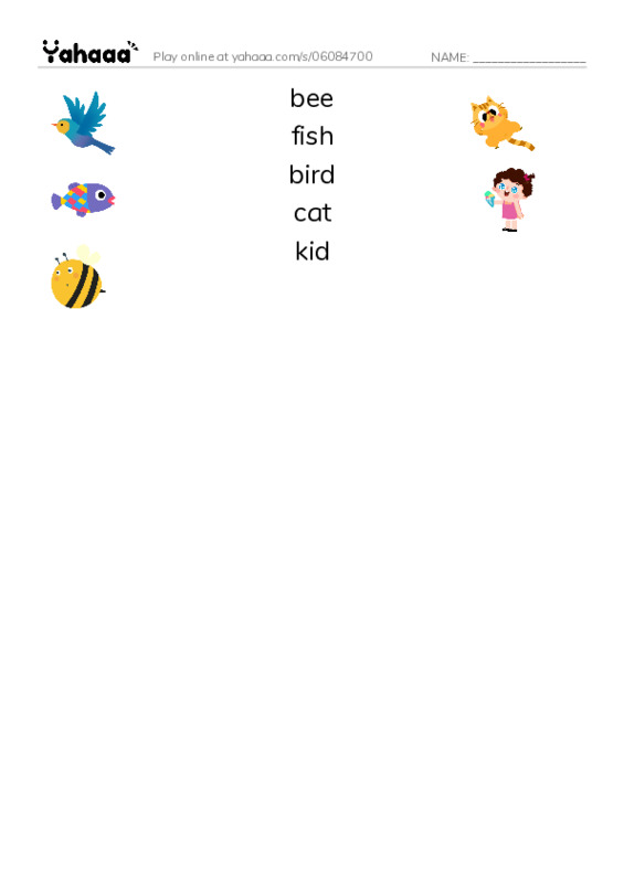 Match both sides worksheet for bee, fish, bird and 2 more