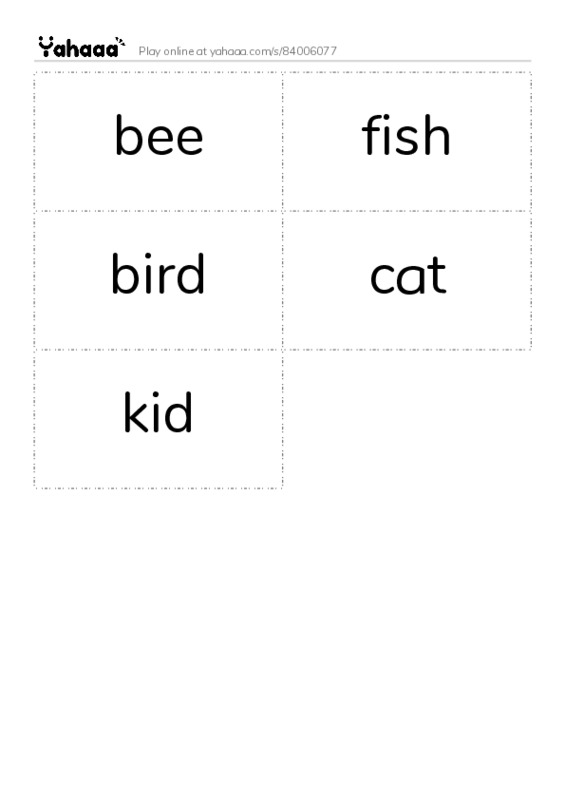 Word flashcards worksheet for bee, fish, bird and 2 more