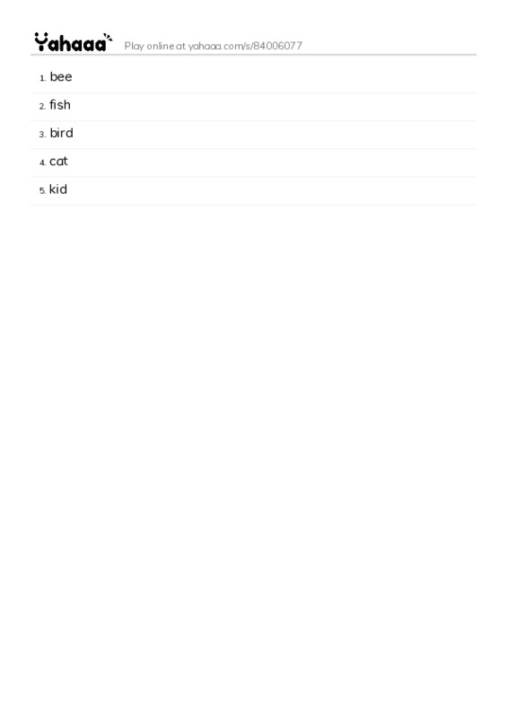 Word list with meanings worksheet for bee, fish, bird and 2 more