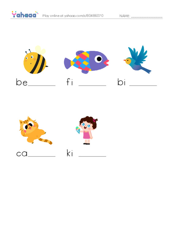 Finish the word worksheet for bee, fish, bird and 2 more