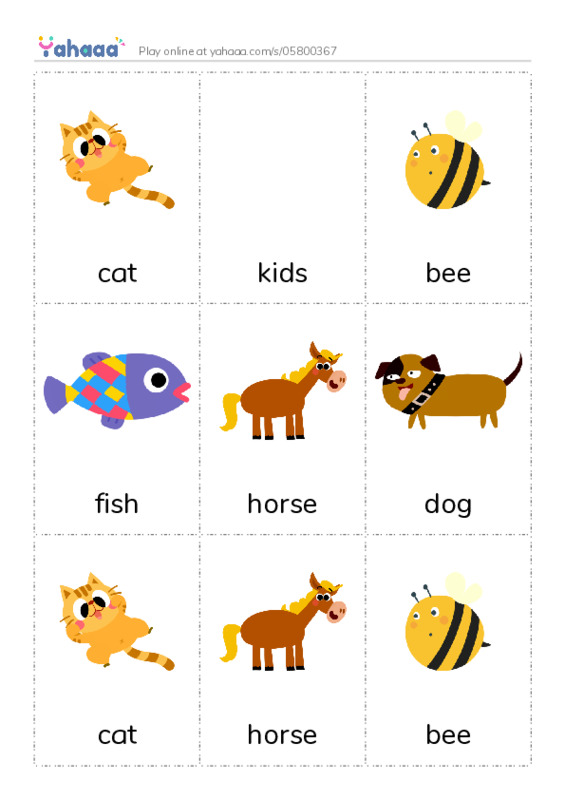 Picture flashcards worksheet for cat, kids, bee and 6 more