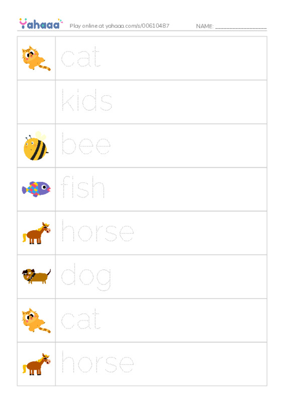 Picture and word rows worksheet for cat, kids, bee and 6 more