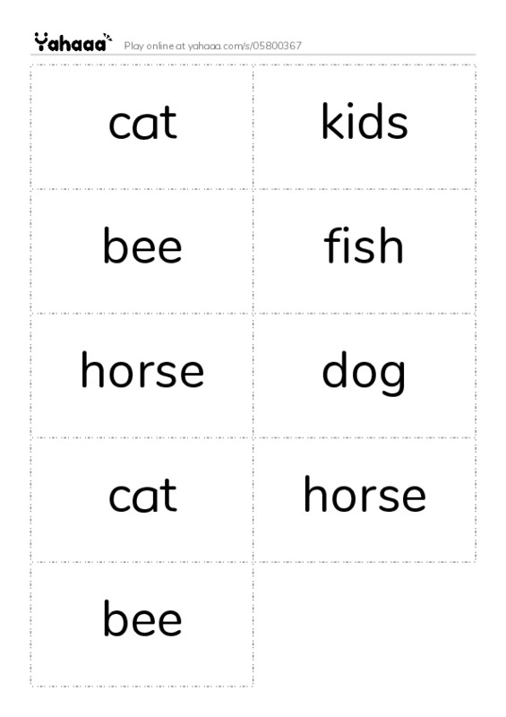 Word flashcards worksheet for cat, kids, bee and 6 more