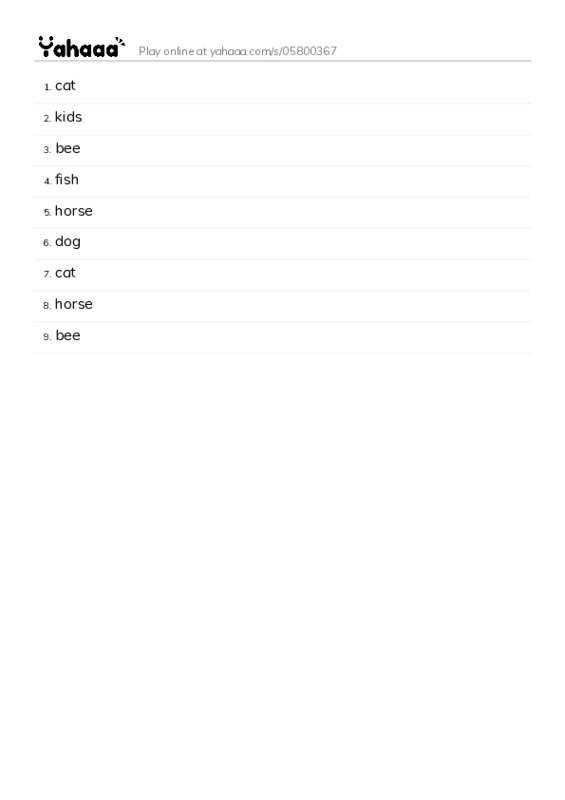 Word list with meanings worksheet for cat, kids, bee and 6 more