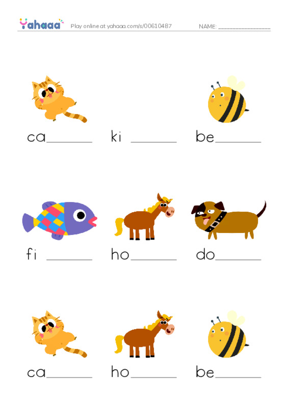 Finish the word worksheet for cat, kids, bee and 6 more