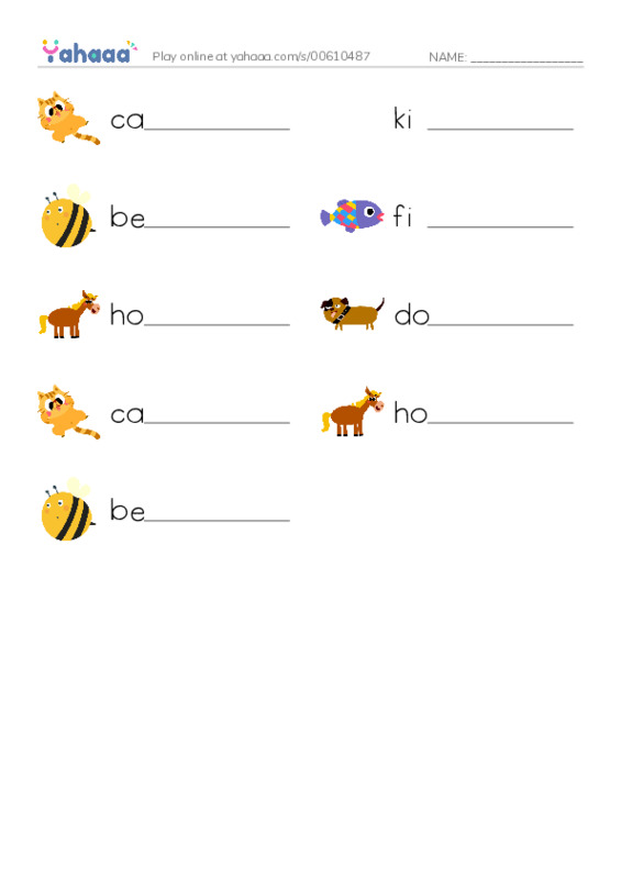 Write the word rows worksheet for cat, kids, bee and 6 more