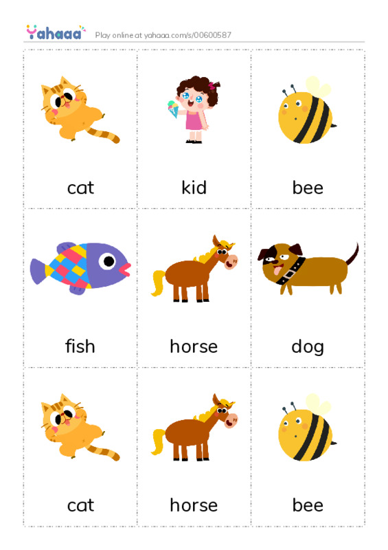Picture flashcards worksheet for cat, kid, bee and 6 more