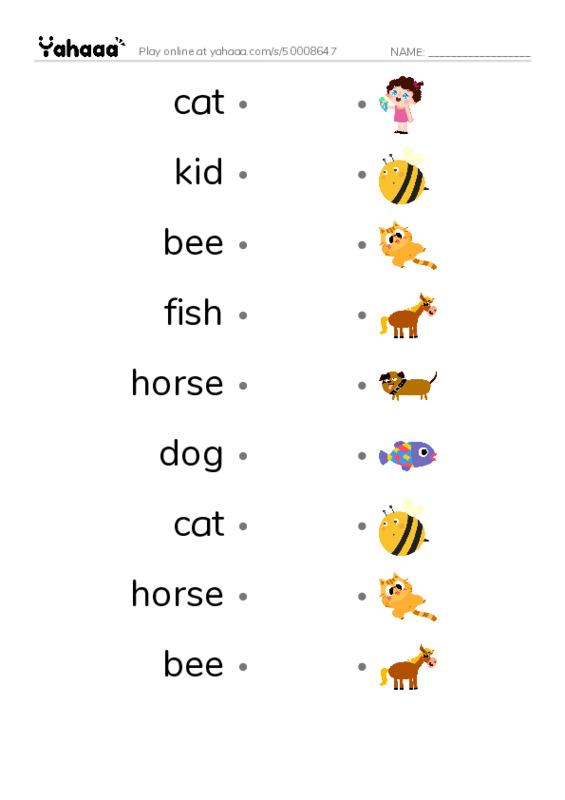 Draw a line to match worksheet for cat, kid, bee and 6 more