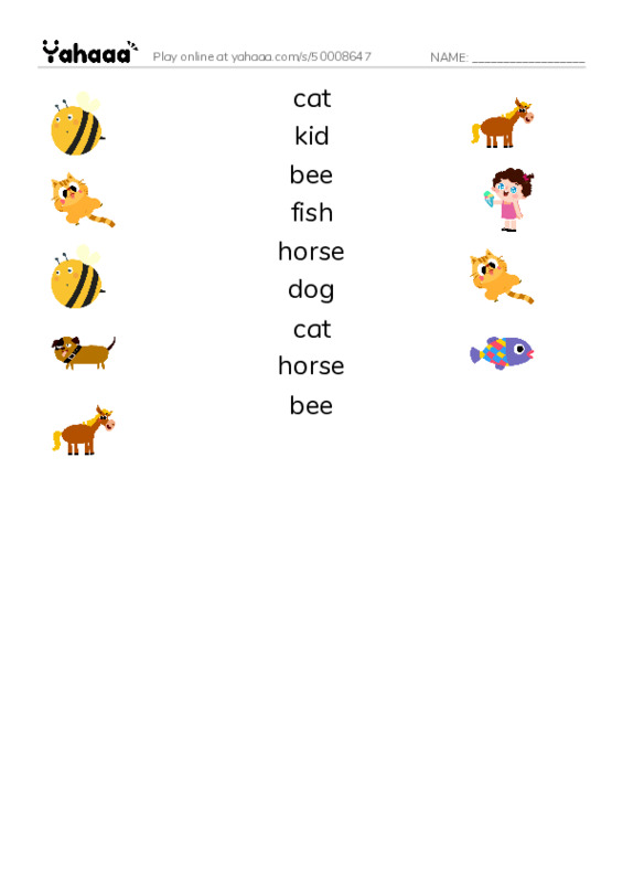 Match both sides worksheet for cat, kid, bee and 6 more
