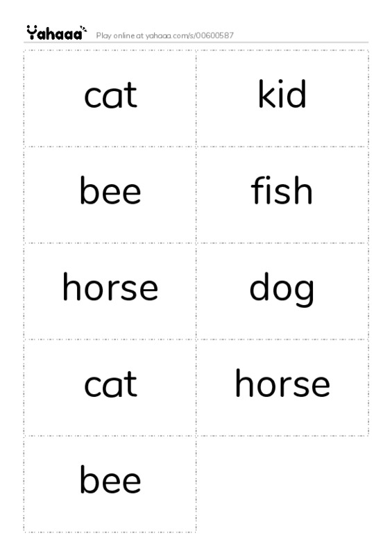 Word flashcards worksheet for cat, kid, bee and 6 more