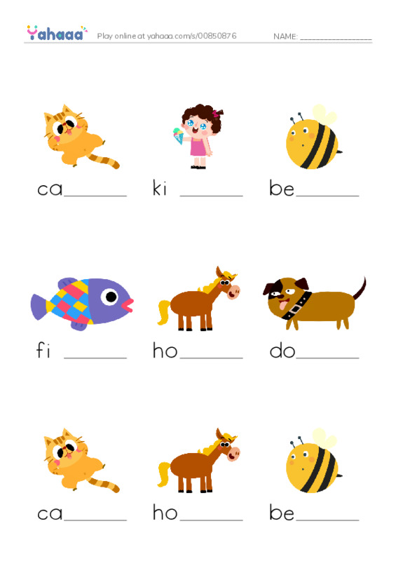 Finish the word worksheet for cat, kid, bee and 6 more