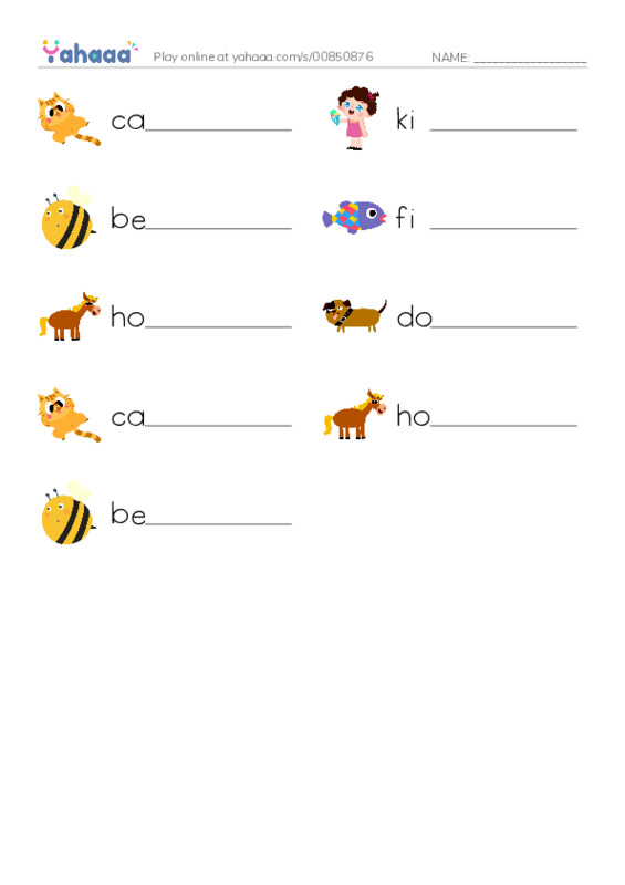 Write the word rows worksheet for cat, kid, bee and 6 more