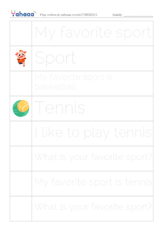 Picture and word rows worksheet for My favorite sport, Sport, My favorite sport is basketball and 10 more