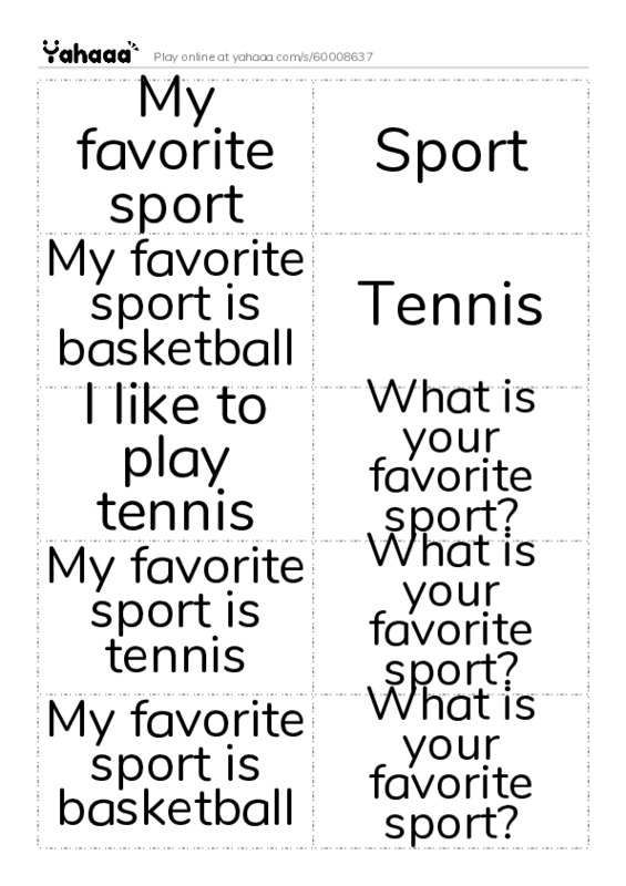 Word flashcards worksheet for My favorite sport, Sport, My favorite sport is basketball and 10 more