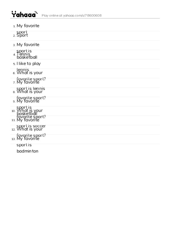 Word list with meanings worksheet for My favorite sport, Sport, My favorite sport is basketball and 10 more