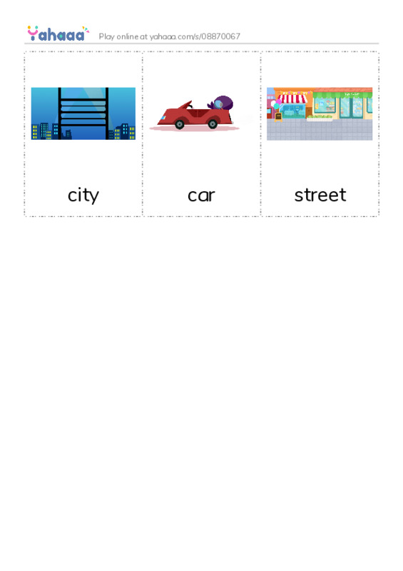 Picture flashcards worksheet for city, car, street