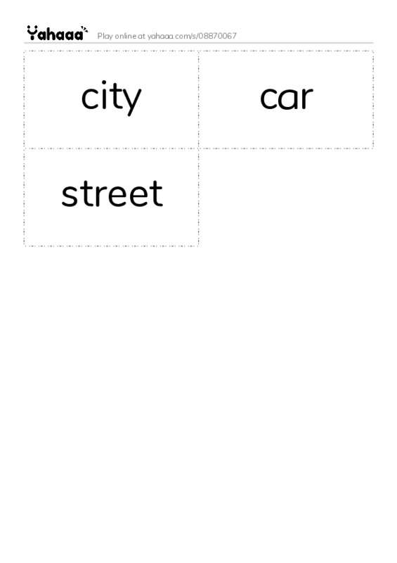 Word flashcards worksheet for city, car, street