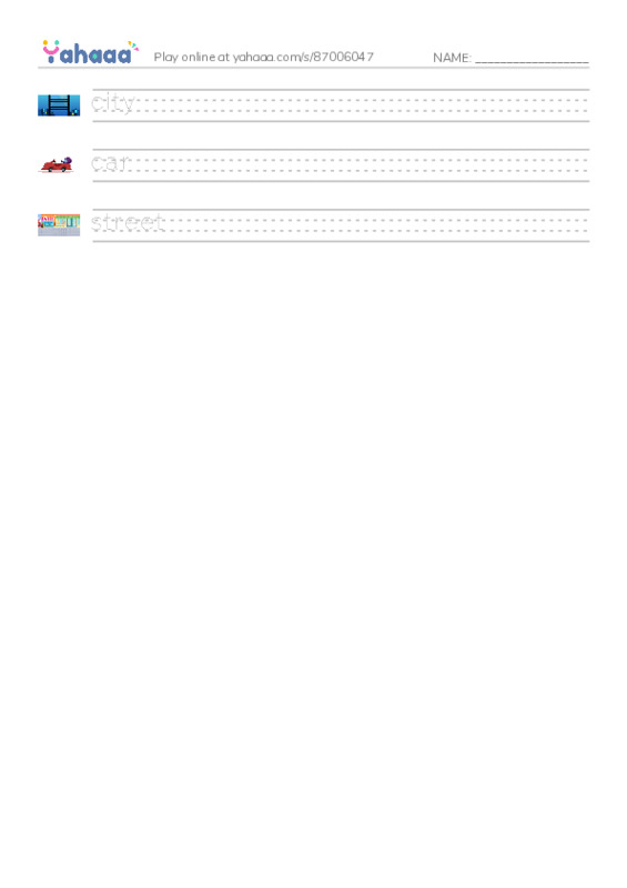 Handwriting lines worksheet for city, car, street
