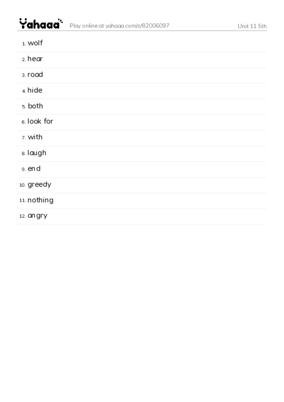 Word list with meanings worksheet for Unit 11 5th