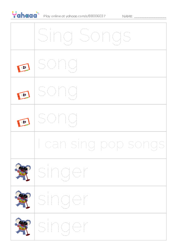 Picture and word rows worksheet for Sing Songs, song, song and 10 more