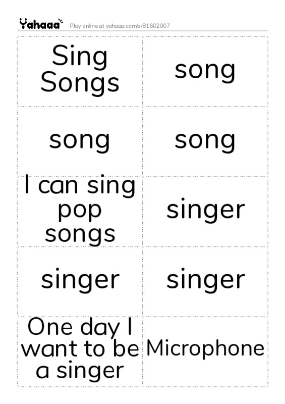 Word flashcards worksheet for Sing Songs, song, song and 10 more