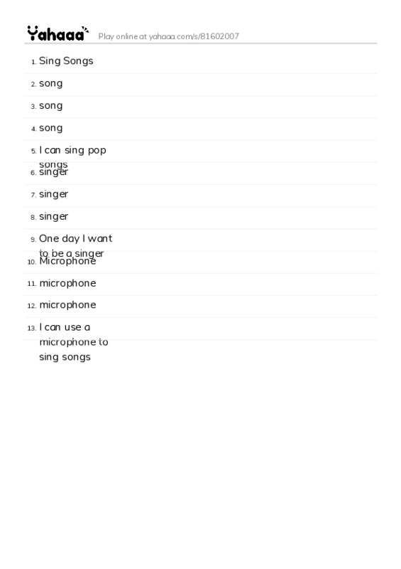 Word list with meanings worksheet for Sing Songs, song, song and 10 more