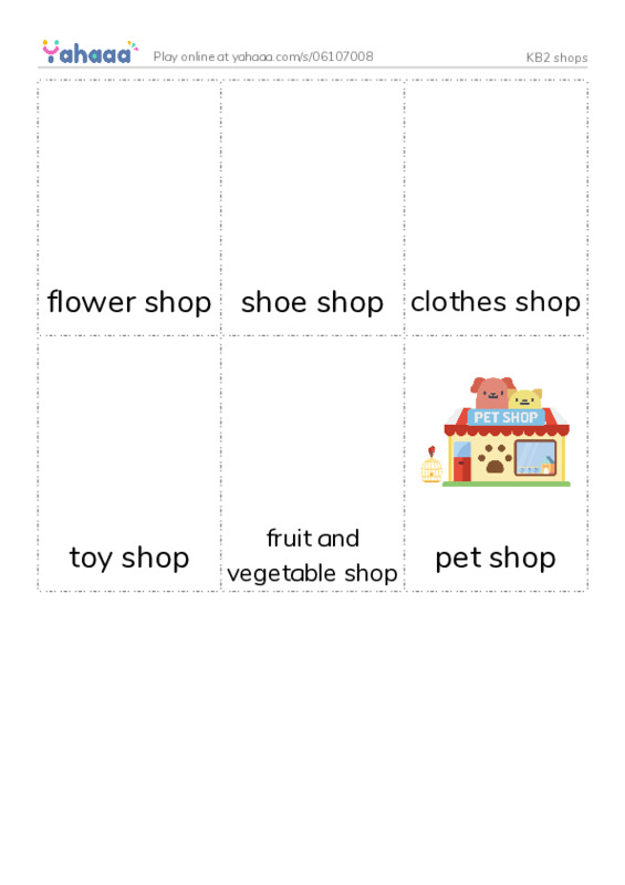 Picture flashcards worksheet for KB2 shops