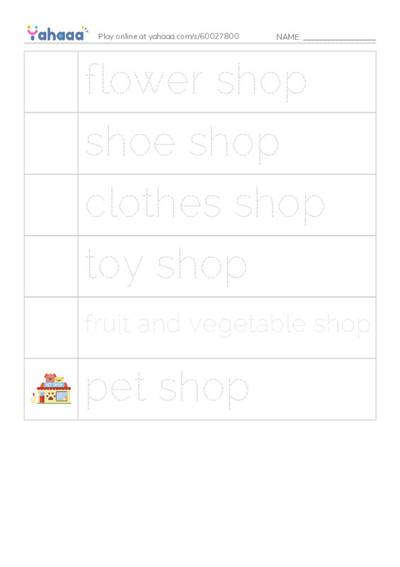 Picture and word rows worksheet for KB2 shops