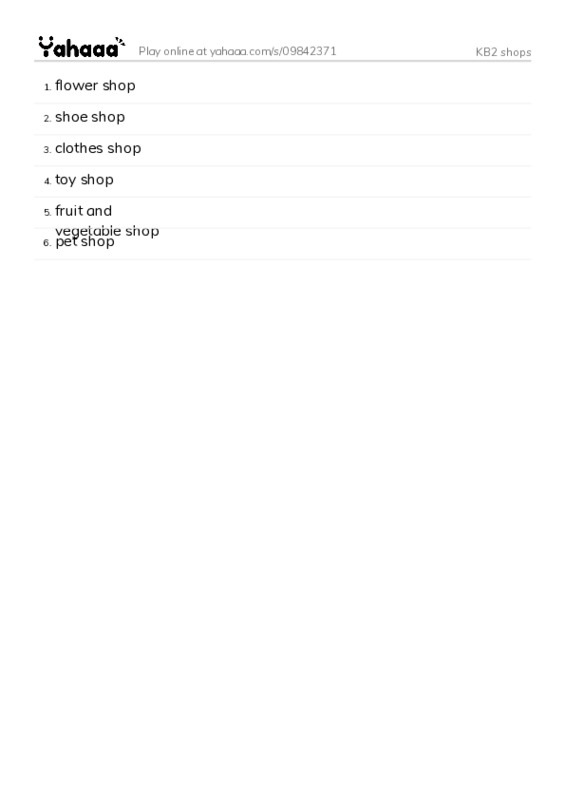 Word list with meanings worksheet for KB2 shops
