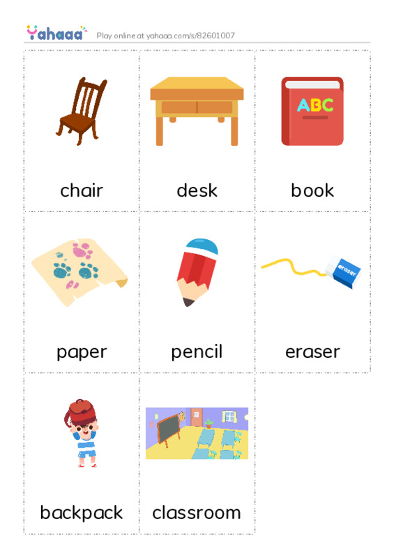 Picture flashcards worksheet for chair, desk, book and 5 more