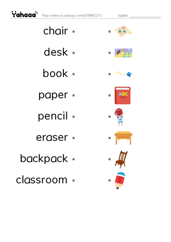 Draw a line to match worksheet for chair, desk, book and 5 more